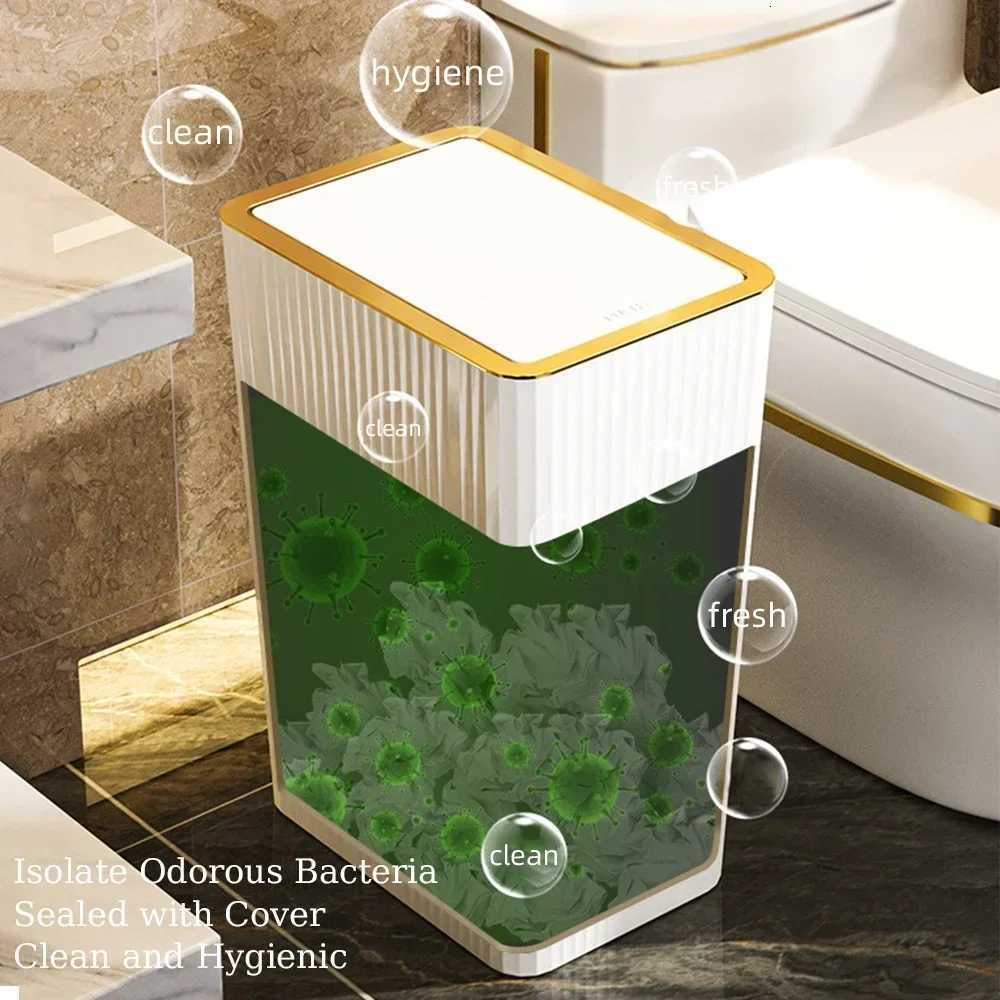 15L Nordic Gold Bathroom Trash Can Covered Slim Trash Can with One-Touch Lid for Bathroom Toilet Living Room Kitchen Bedroom C251120
