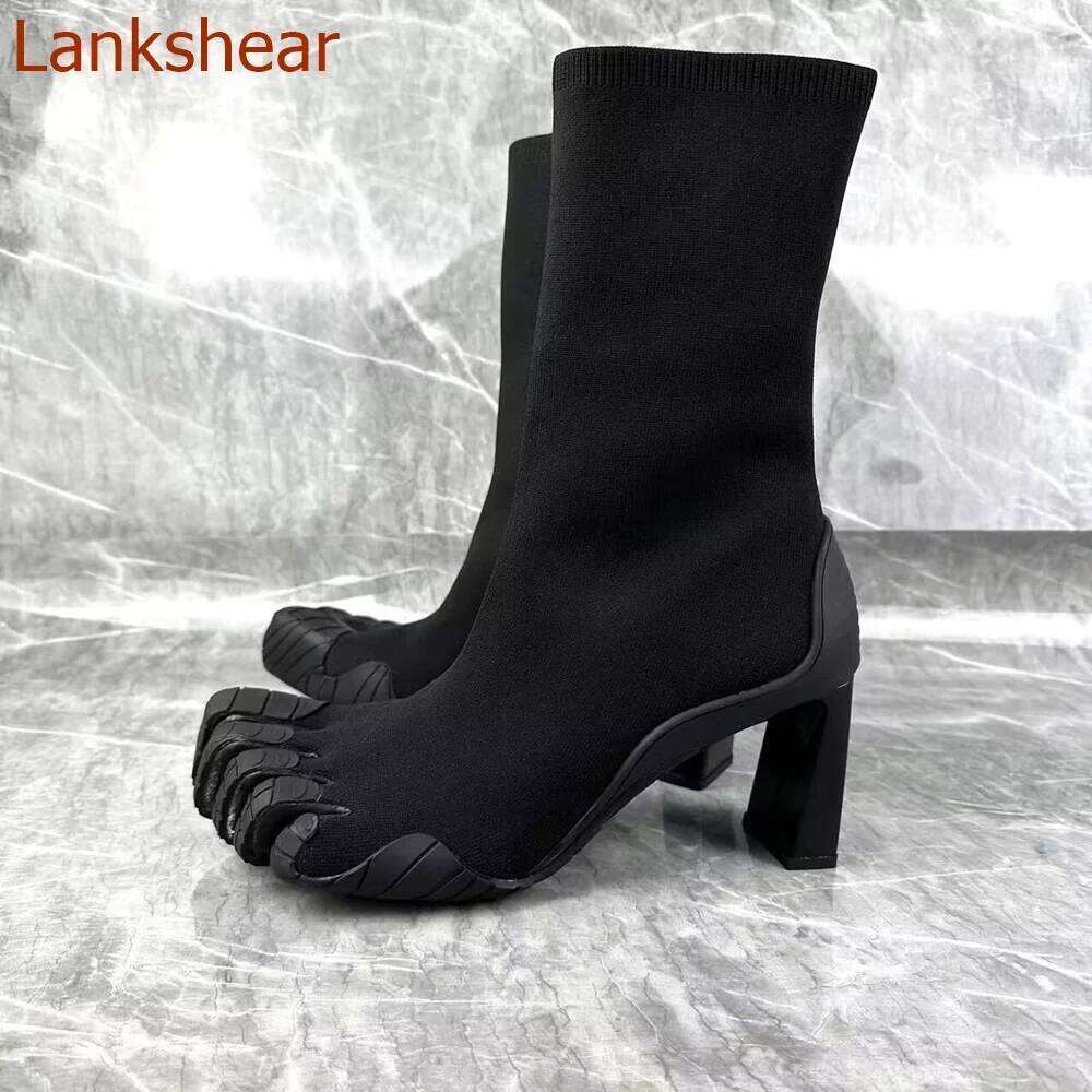 Split Toe Boots Square Heel Modern Side Zipper Mixed Color Mid Calf Fashion Sexy Women Shoes 2024 New Arrivals