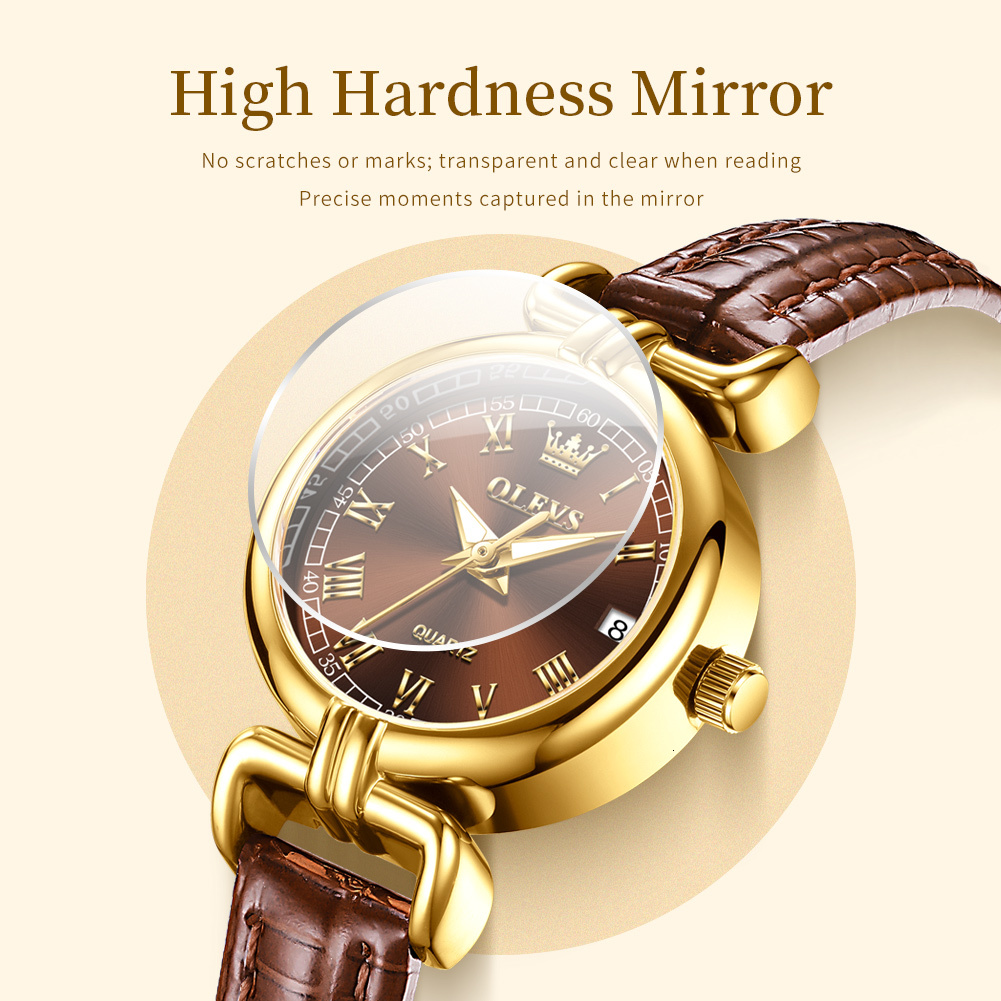 OLEVS Designer Ladies' Round Retro Leather Strap Small Gold Watch Waterproof Quartz Watch Women's Hand Luxury Watch Free Delivery And Wholes