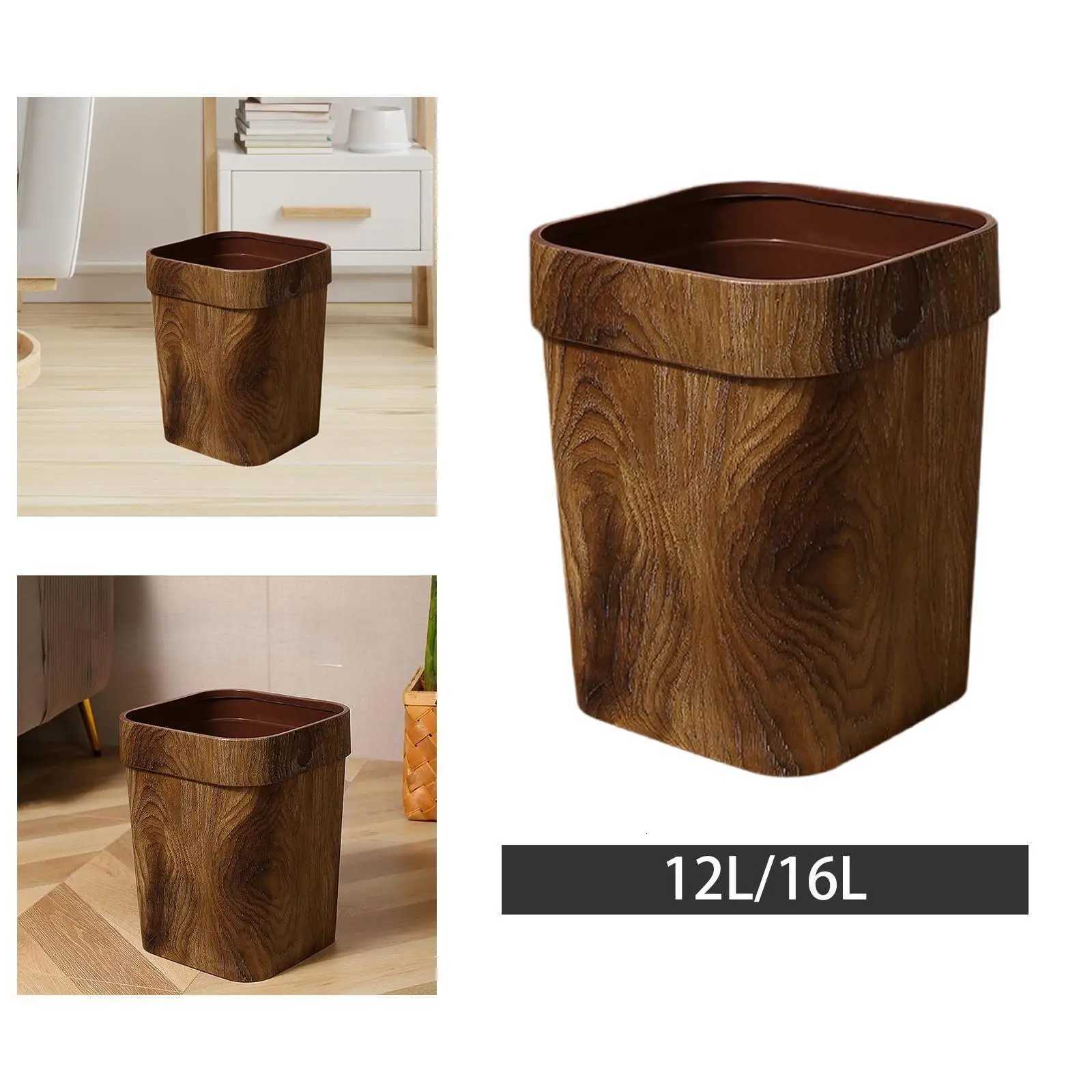 Imitation Wood Grain Trash Can Practical Wastebasket Garbage Container Bin for Bedroom Kitchen Office Living Room Household C251120