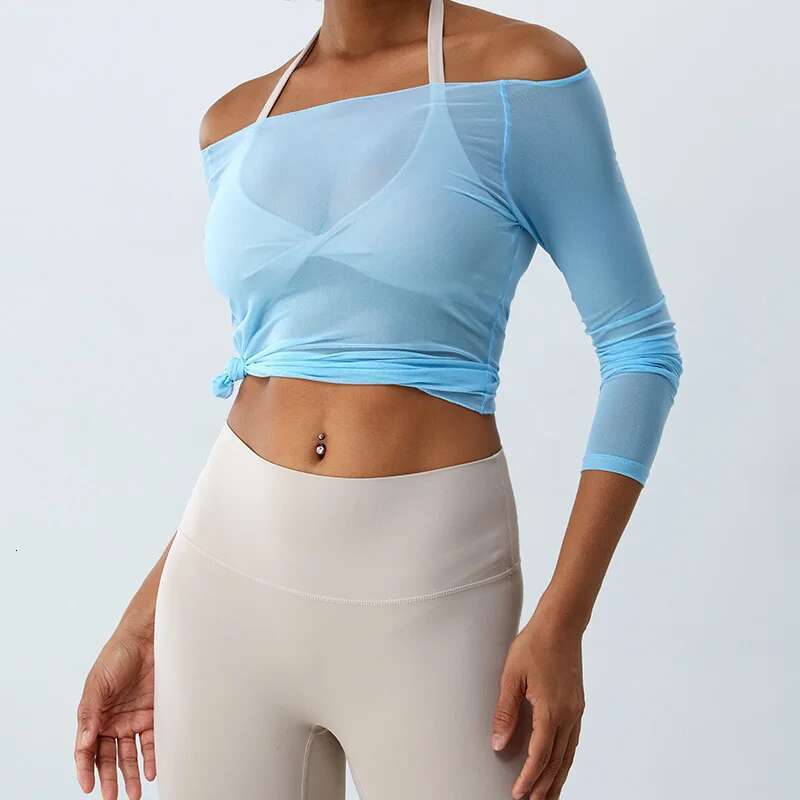 Sexy Net Yarn Patchwork Yoga Crop Tops Women Gym Fiess Running Long Sleeve Sport T Shirts Female Tight Dance Training Clothing
