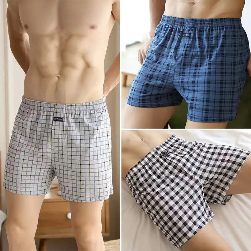 M3XL Mens Aro Underwear Cotton Plaid Loose High Waist Summer Thin Breathable Home Shorts Pocket 250417