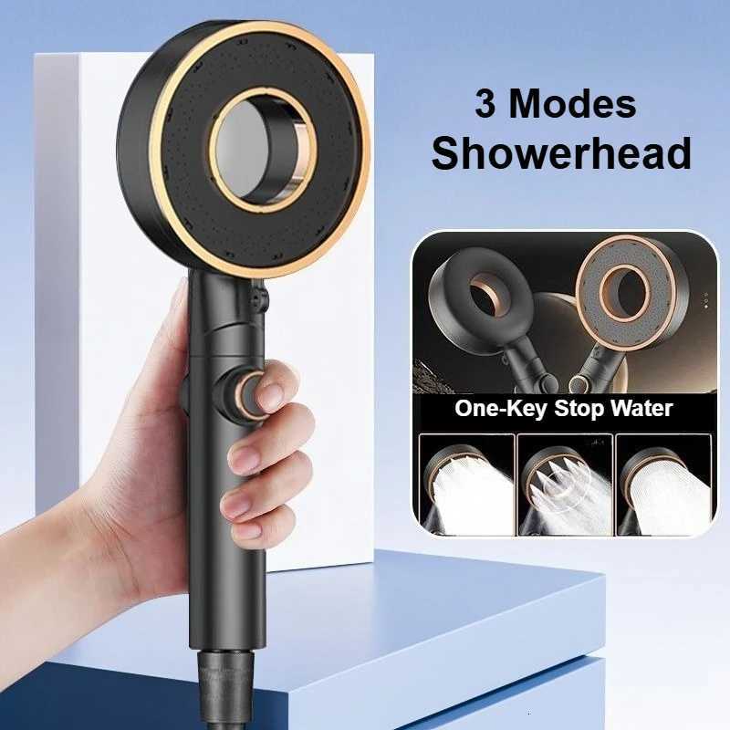 High Pressure Shower Head 3 Modes Adjustable Water Saving Spray Nozzle One Key Stop Water Black Showerhead Bathroom AccessoriesM251120