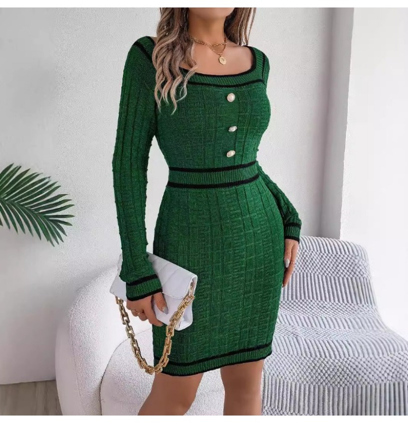 (VIP) Autumn and Winter European and American Elegant Square Collar Button-down Long-sleeved Sweater Hip Skirt