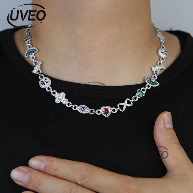 Luxury designer Colored Ice Out VVS Moissanite Cross Evil Eyes Ice Out Cuban k Chain Hip Hop Necklace Jewelry with FREE shipping
