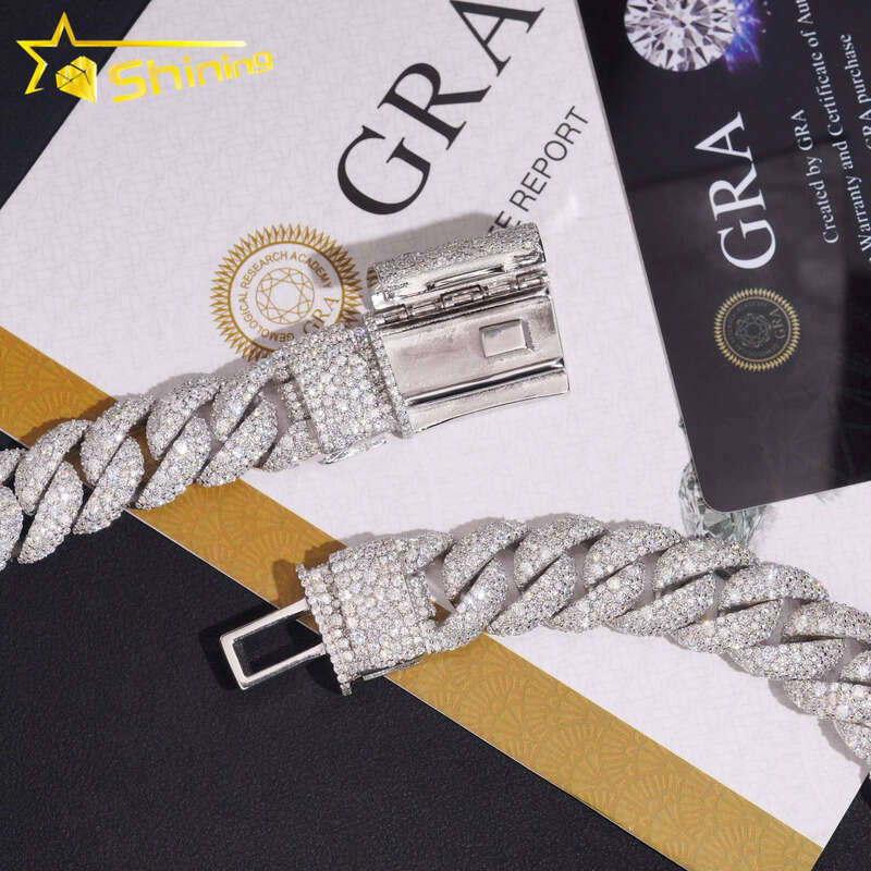 US Warehouse Fast Shipping 15mm Sterling Sier Hip Hop Jewelry Iced Moissanite Mosaic Inlaid Cuban Chain