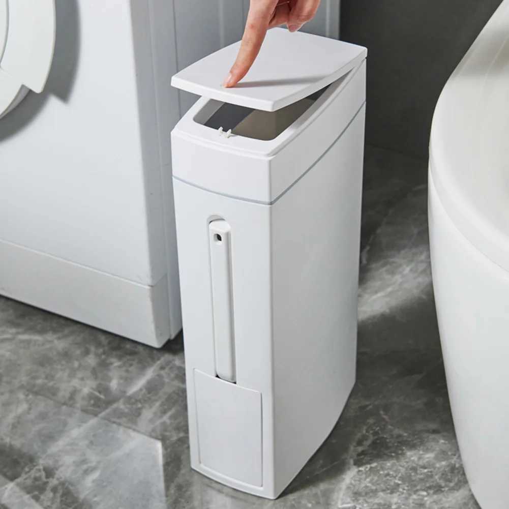 Slim Trash Can with Cleaning Brush and Lid Plastic Waste Basket Bathroom Trash Can for Bathroom Narrow Space C251120