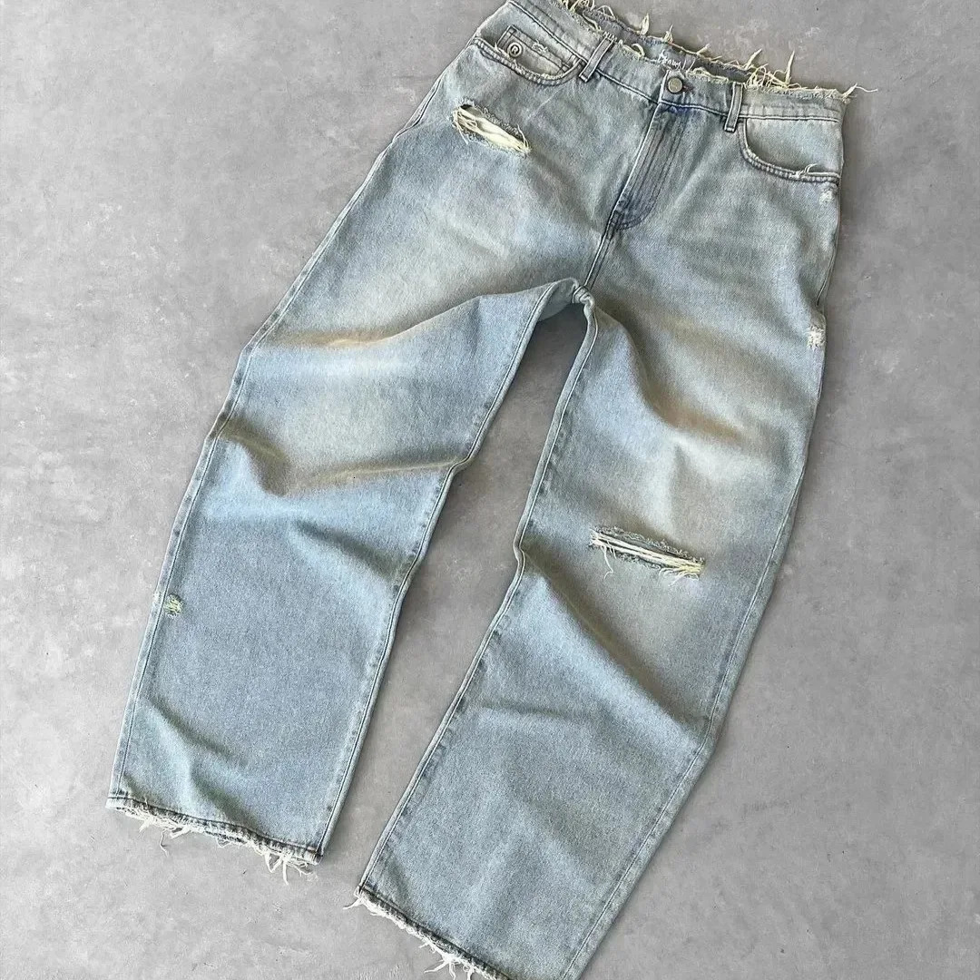 Straight Jeans Distressed Men Jean Ripped Holes Washed Denim Pants Ankle Length Loose Solid Zipper Fly Pockets Casual 251218