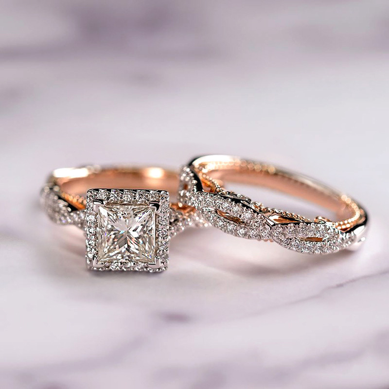 Rose gold 3-piece ring set with diamonds, cubic zirconias and full diamonds Men women couple rings High quality gold designer diamond ring engagement  - view 7