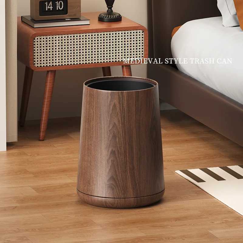 Leasylife Vintage Trash Can Walnut Wood Pattern WasteBasket Metal Body Household Garbage Can for Bathroom Living Room Home C251120