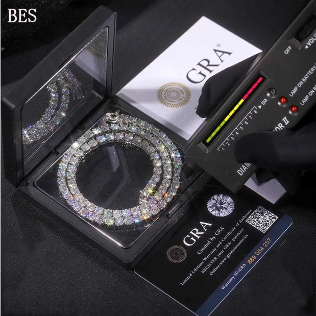 Fine Jewelry Moissanite Round Cut VVS Mossanite Sier Dia Tennis Chain Necklace Ice Hiphop k Men Gift