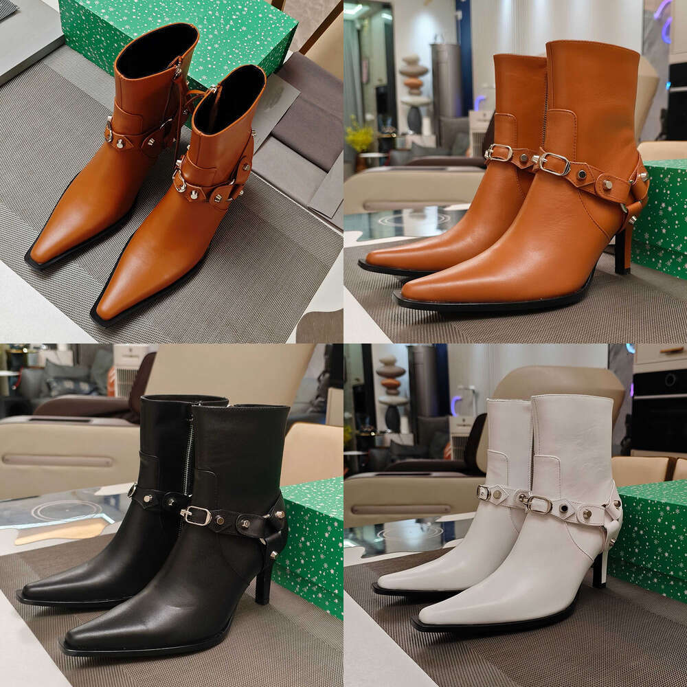 2025 new Rivet Tassel Pointed Toe Women's Naked Luxury Designer bale Thin Heel Autumn and Winter Fashion Belt Buckle Decorative Top Cowhide Zipper Ankle Boots women