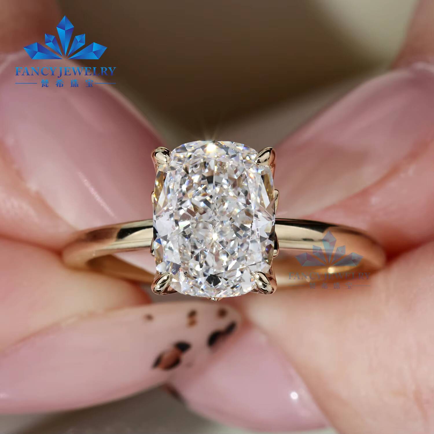 10K 14K 18K Yellow Gold 1CT 2CT 3CT 4CT 5CT IGI Cvd Hpht Cushion Shape Lab Grown Diamond Women Engagement Wedding Ring