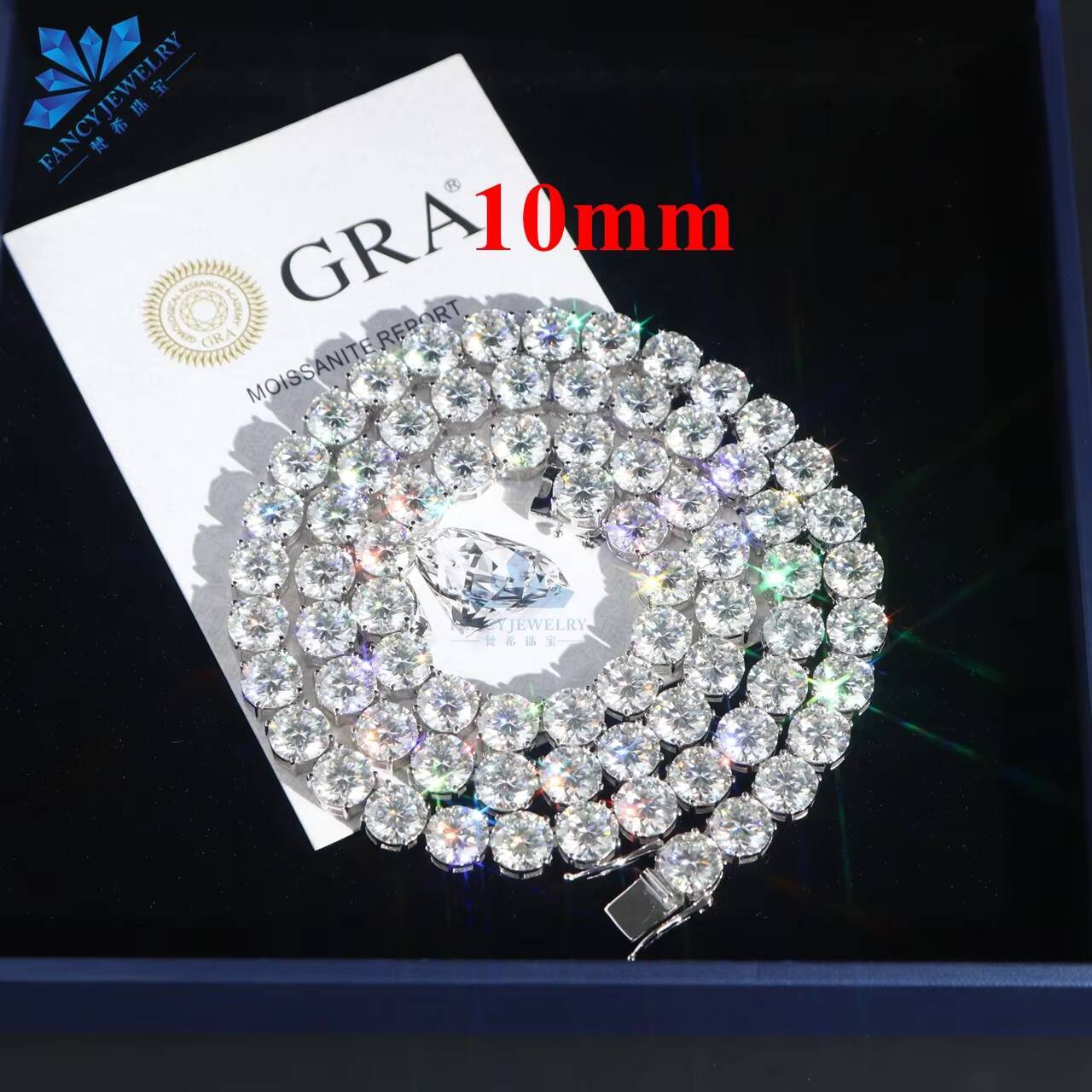 Luxury Fine Jewelry 10mm 925 Sterling Silver D Color VVS Moissanite Diamond Cluster Tennis Chain Necklace for Men Women