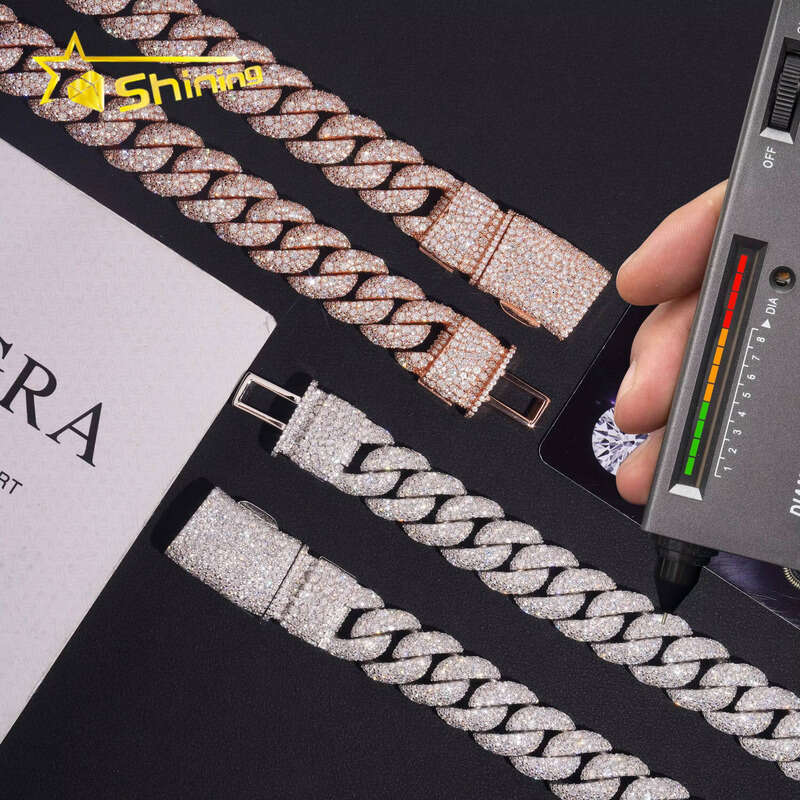 Hip Hop Accessories Men's 15mm Rose Gold Mosaic Set Silicon Stone Sier Cuban Chain
