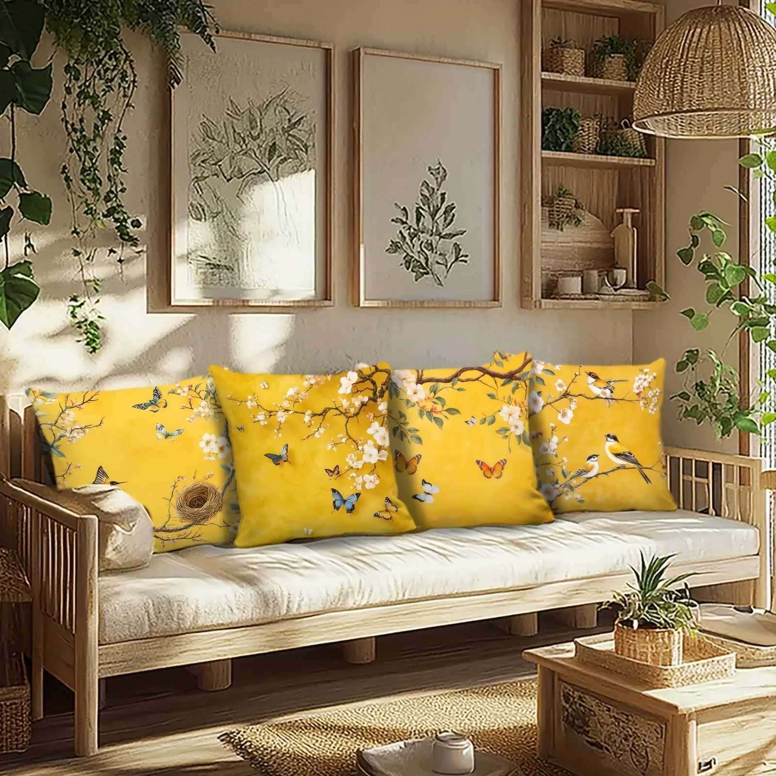 Pillow Case 4Pcs Spring Blossom Covers - Elegant Peach Flower Butterfly Design for Living Room/Bedroom Decor C251120
