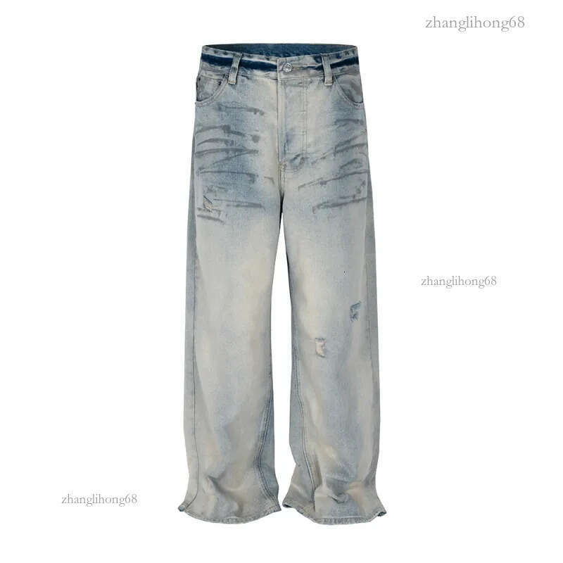 Vintage Cleanfit Damaged Hole Blue Baggy Jeans Pants for Men and Women Washed Casual Wide Leg Loose Denim Trousers Oversized