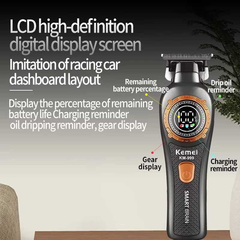 Kemei KM-999 Hair Clipper for Men DLC T-Blade Zero Gapped LED Display Cordless USB Professional Hair Trimmer Finishing MachineT251120