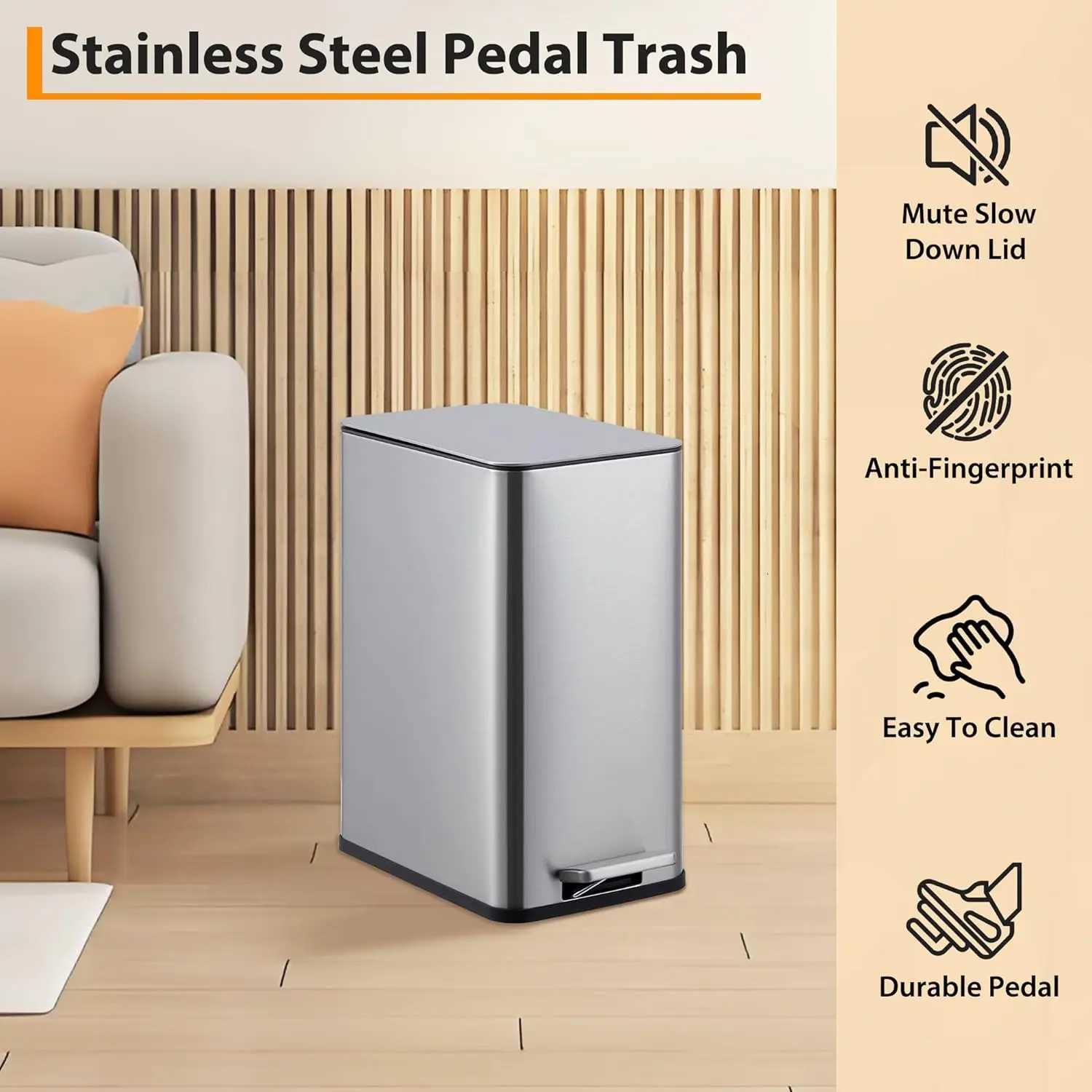 26 Gallon 10 L Trash Can Stainless Steel Kitchen Garbage Can Recycling or Waste Bin Soft Close Step-On Pedal Silver C251120