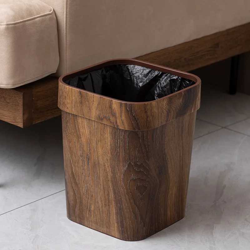 Square Wood Grain Garbage Bin Household Plastic Uncovered Office Bathroom Livingroom Kitchen 12L Dustbin Waste Basket Trash Can C2511203
