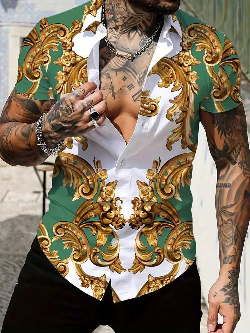 Retro mens short sleeved shirt with luxurious gold Baroque chain pattern suitable for summer banquet street wearM251120
