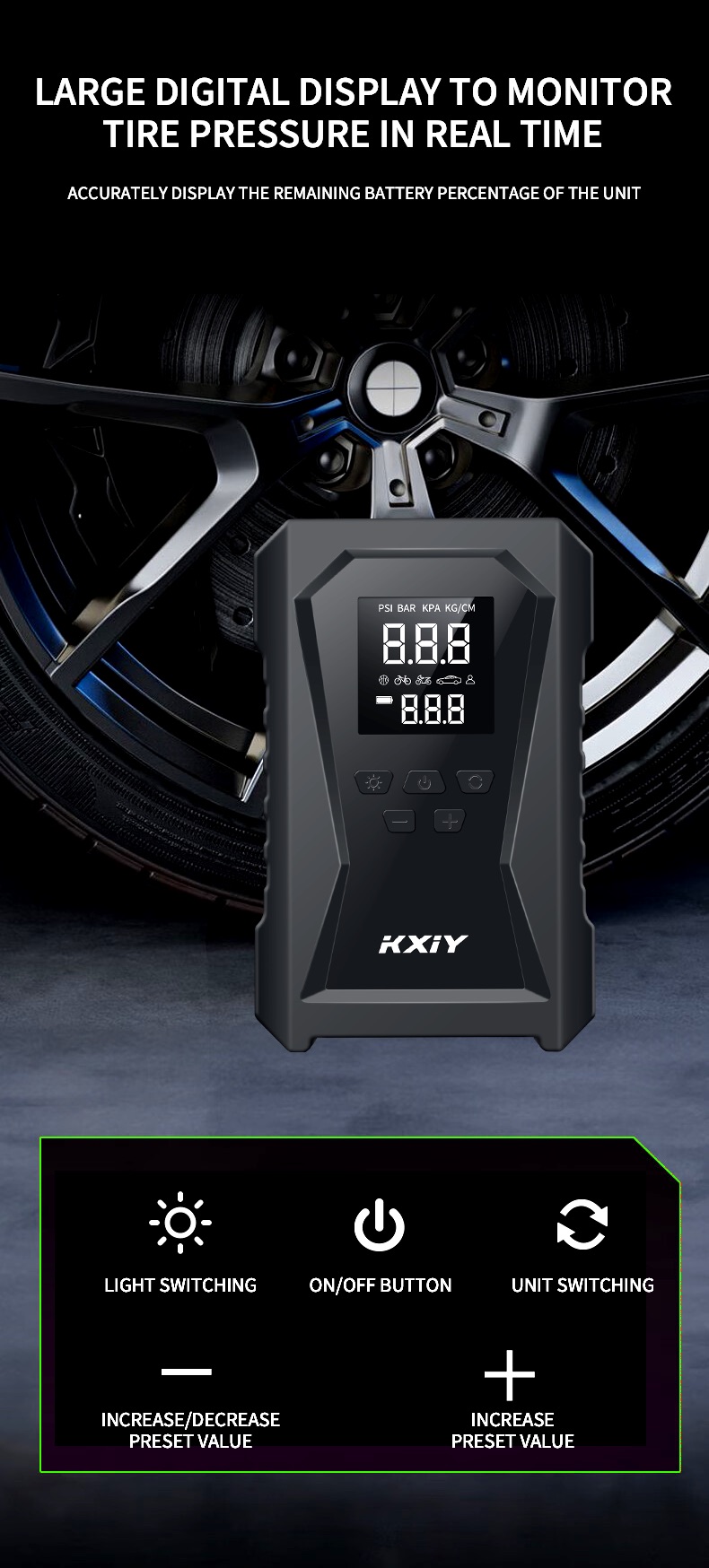 Wireless car air compression starter with air compression function, emergency battery start power supply, 12V car charger (8.0L gasoline/diesel)