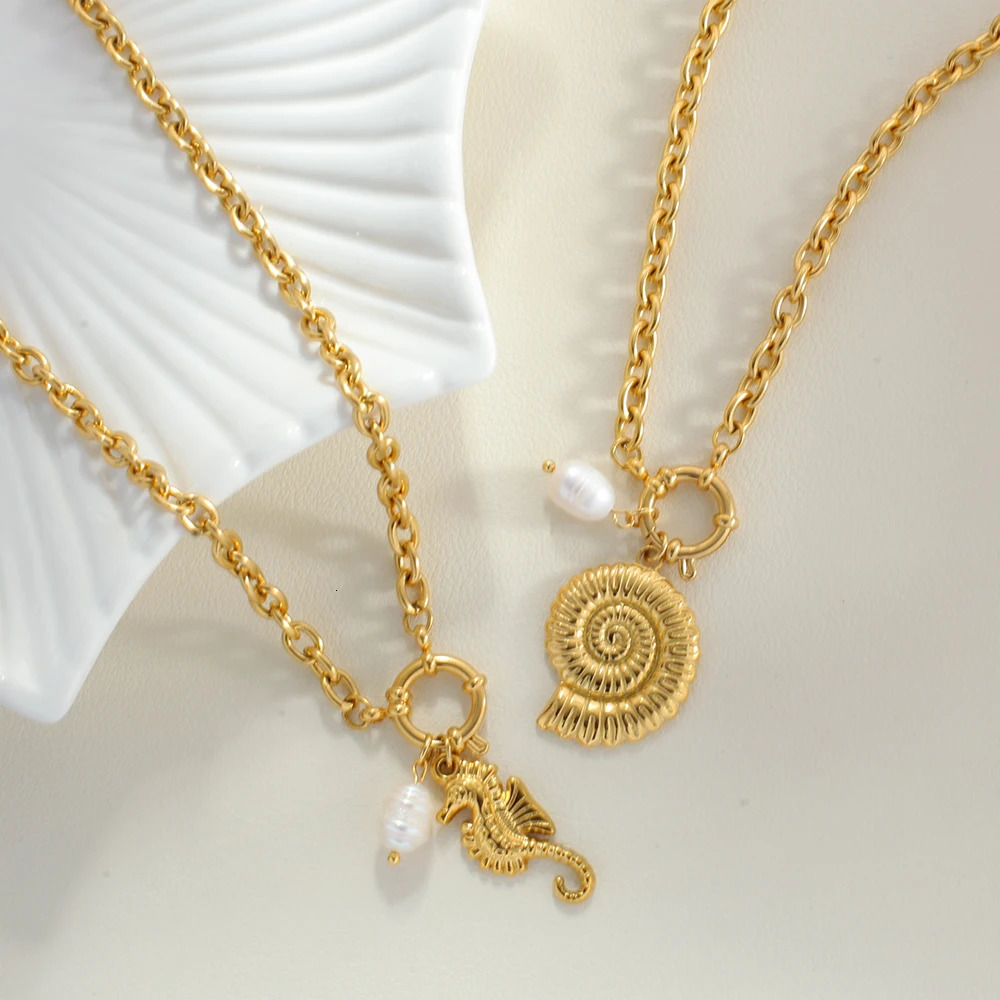 Gold necklace spring buckle womens freshwater pearl stainless steel shell dolphin pendant jewelry set 250420