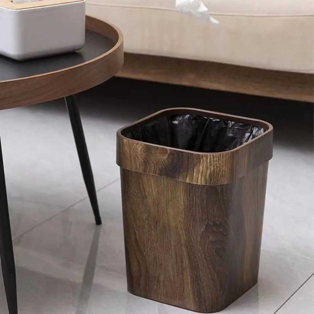 Square Wood Grain Trash Can Household Plastic Uncovered Office Bathroom Trash Can C251120