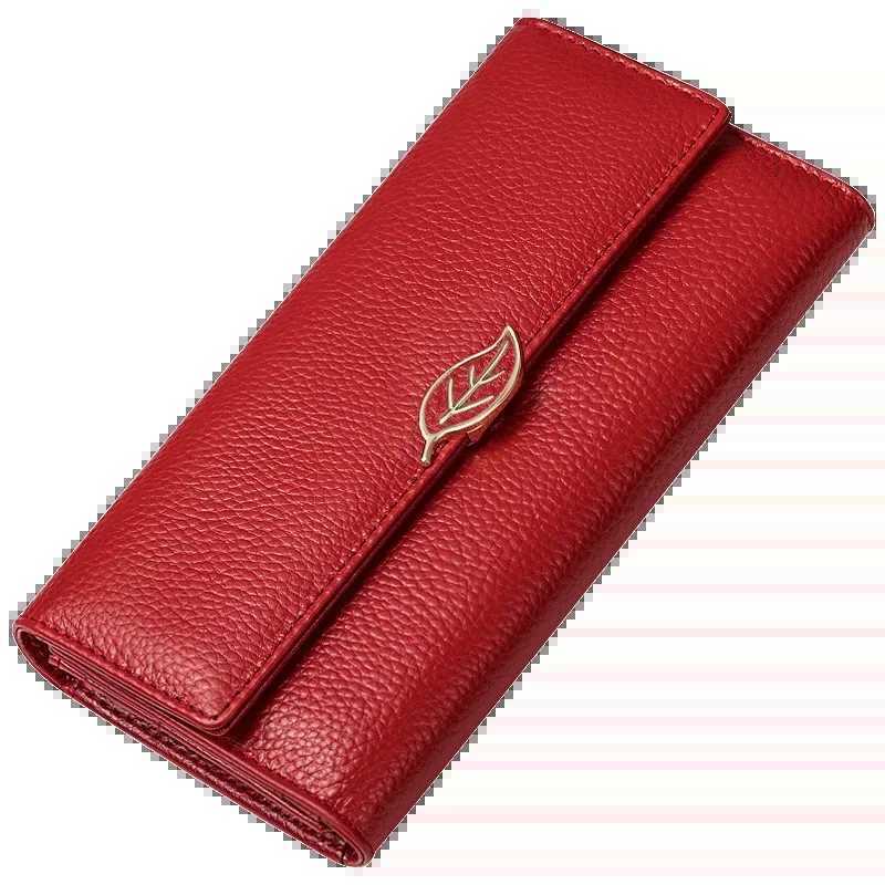 New Fashion Women Wallet with Metal Leaf Luxury Genuine Leather Long Wallets Rfid Card Holder Purse Blue Clutch Bag for LadiesW251120