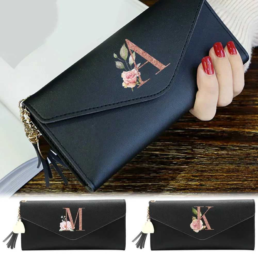 Wallet Black Small Leather Coin Purse Rfid Blocking Wallet Rose Gold Pattern Mini Purse with ID Window for WomenW251120