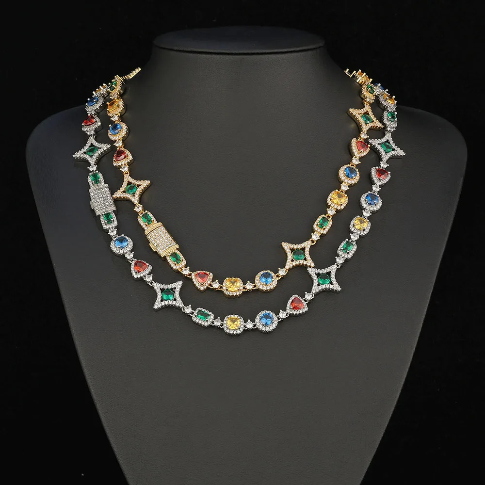 Hip hop jewelry fashion colored zircon ice out necklace womens crystal gemstone chain bracelet platinum goldplated 250420