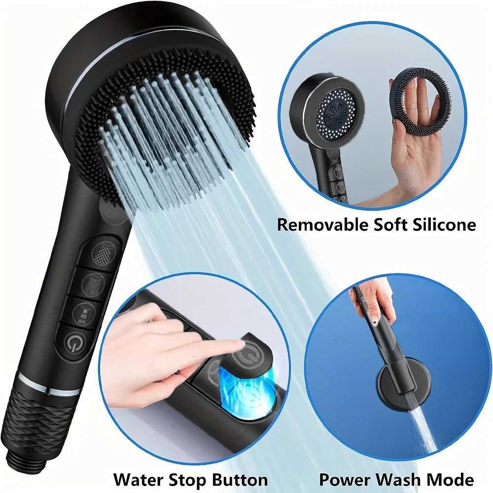 4 Modes Pressurized Shower Head Thickened ABS Handheld Filter Showerhead with Silicone Brush One-Key Stop Water Shower NozzleM251120