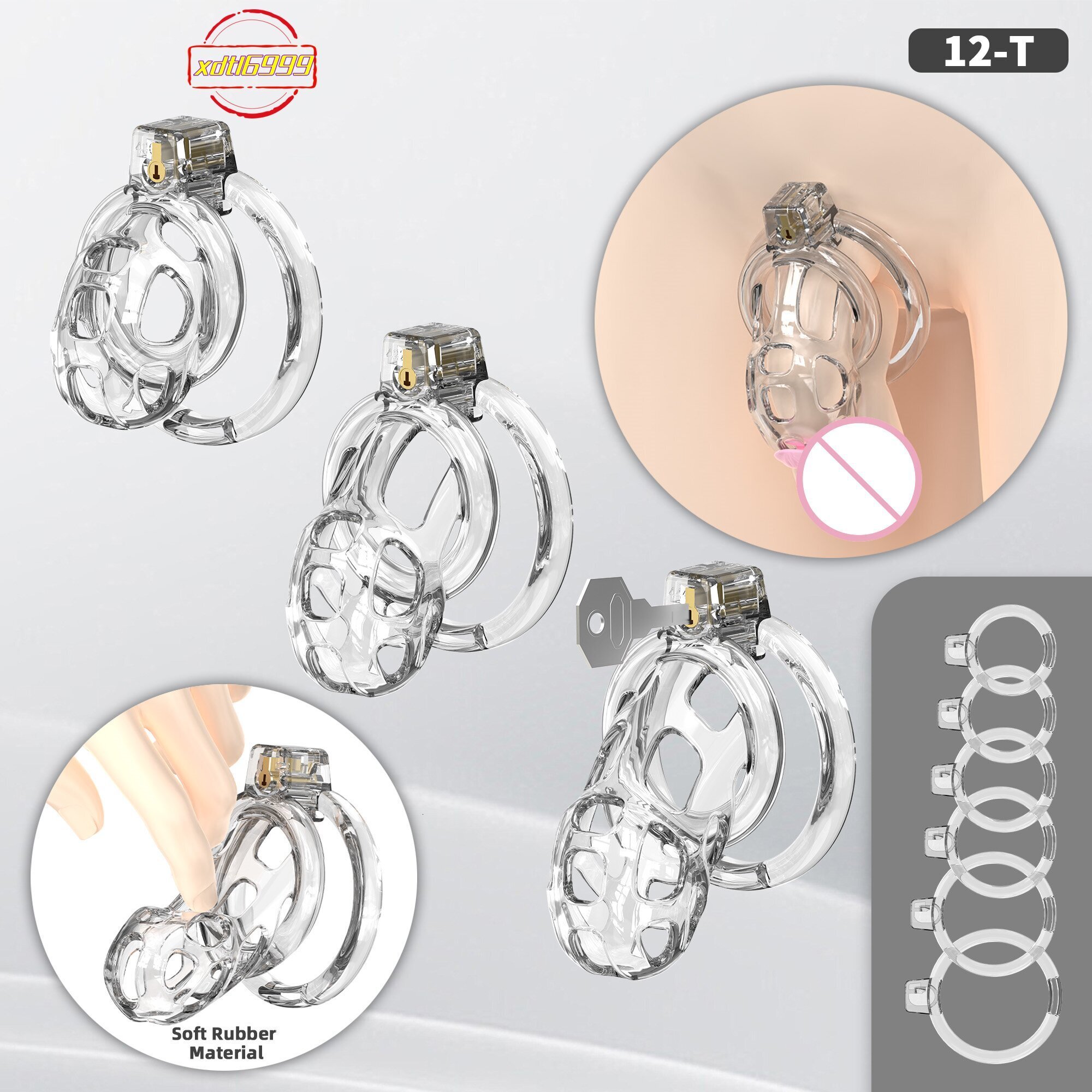YPM Male Cock Cage with a Soft Surface Pearl pink TPE Material Chastity Device with 6 Sizes Rings for Sissy Men Bondage