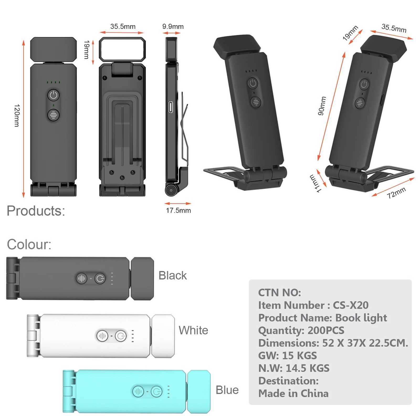 Reading Lights for Books in Bed Portable Clip-on LED USB Rechargeable Lamp Eye-protection in Dual Color 5 Brightness Timer M251120