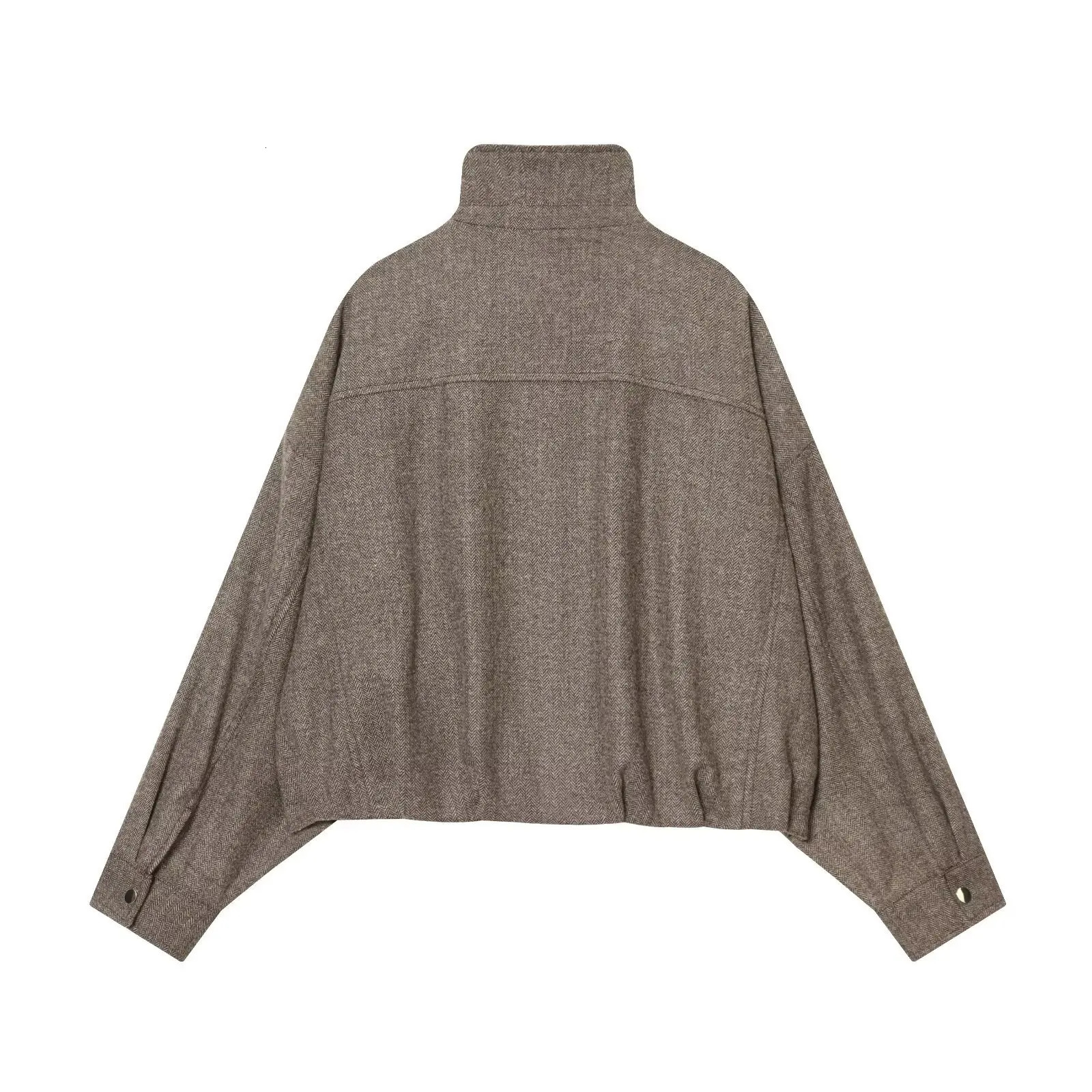 European and American Autumn Winter Womens Casual Stand Collar Loose Herringbone Pattern Puffy Bomber Jacket 251120