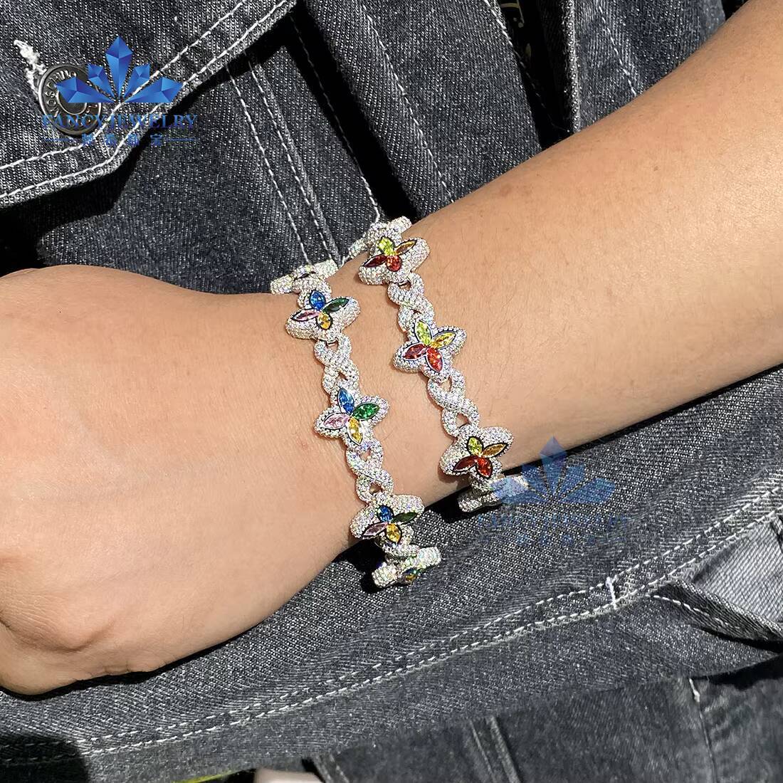 Rhodium Plated 925 Silver Moissanite Clover Bracelet Bangle 8mm Width Colored Marquise Cut CZ Stone Four Leaf Clover Bracelet