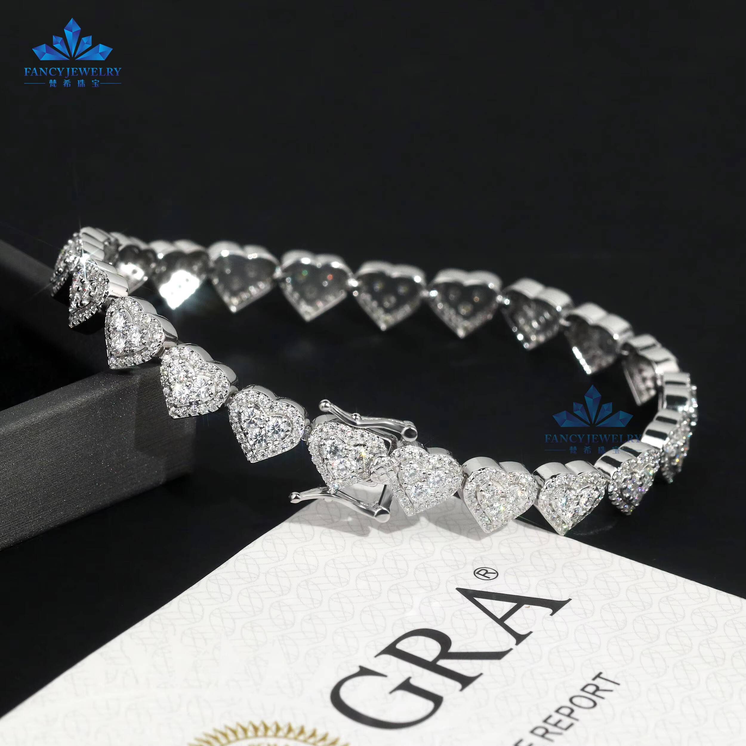 Wholesale Rhodium Plated 925 Silver Charm Bracelet Hiphop Ice Out Heart Shape Moissanite Bracelet Bangles for Men Women
