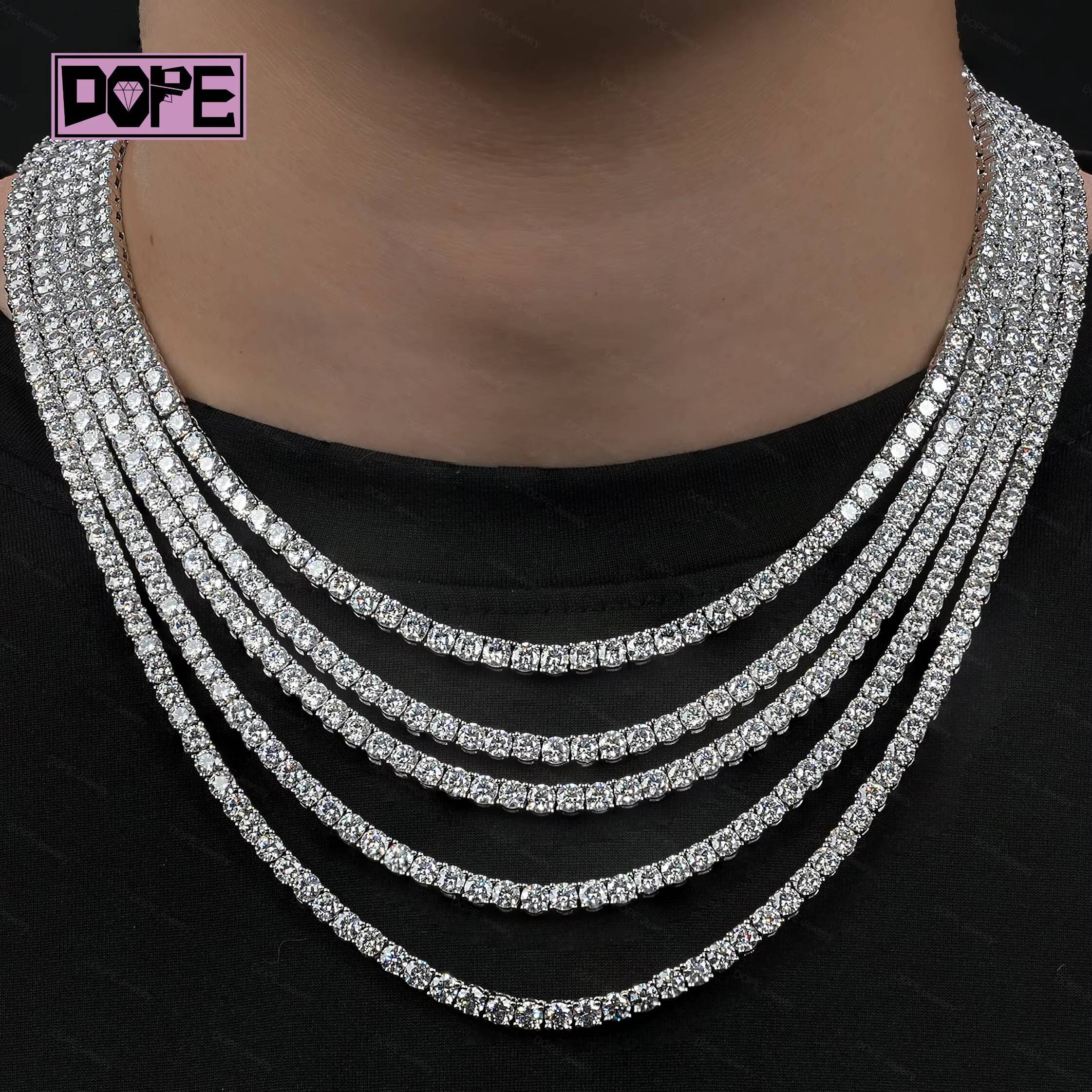 Wholesale 3mm 4mm Moissanite Chain Fine Jewelry 925 Silver Men Women Necklace VVS Moissanite Tennis Chain