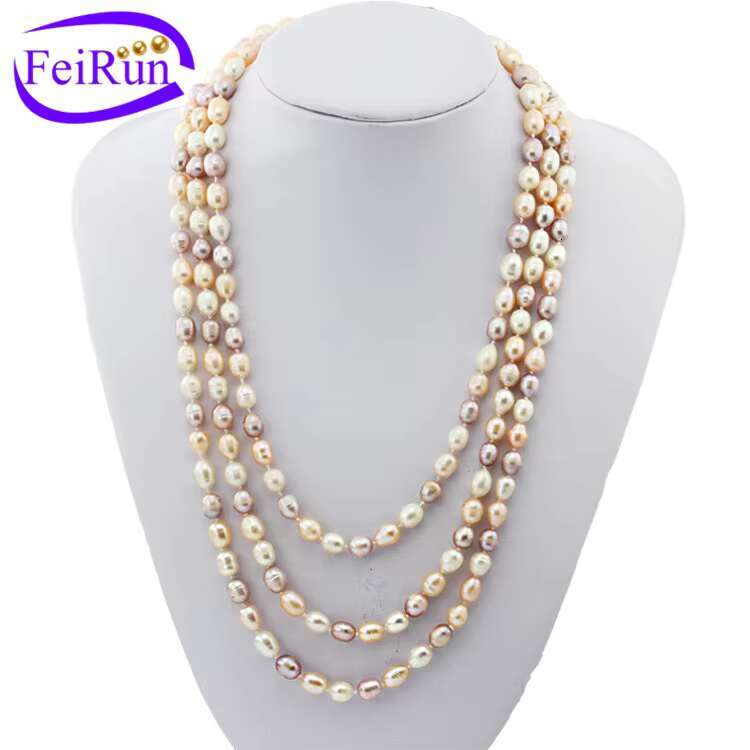 7-8mm 60 Inch Long Multi Color Freshwater Cultured Real Fresh Water Natural Wholesale Rice Pearl Necklace