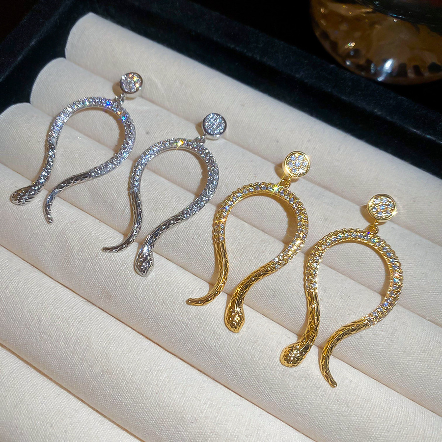14k Real Gold Plated Zircon Snake Light Luxury High-end European and American Cross-border Exaggerated Retro Earrings for Women - view 8