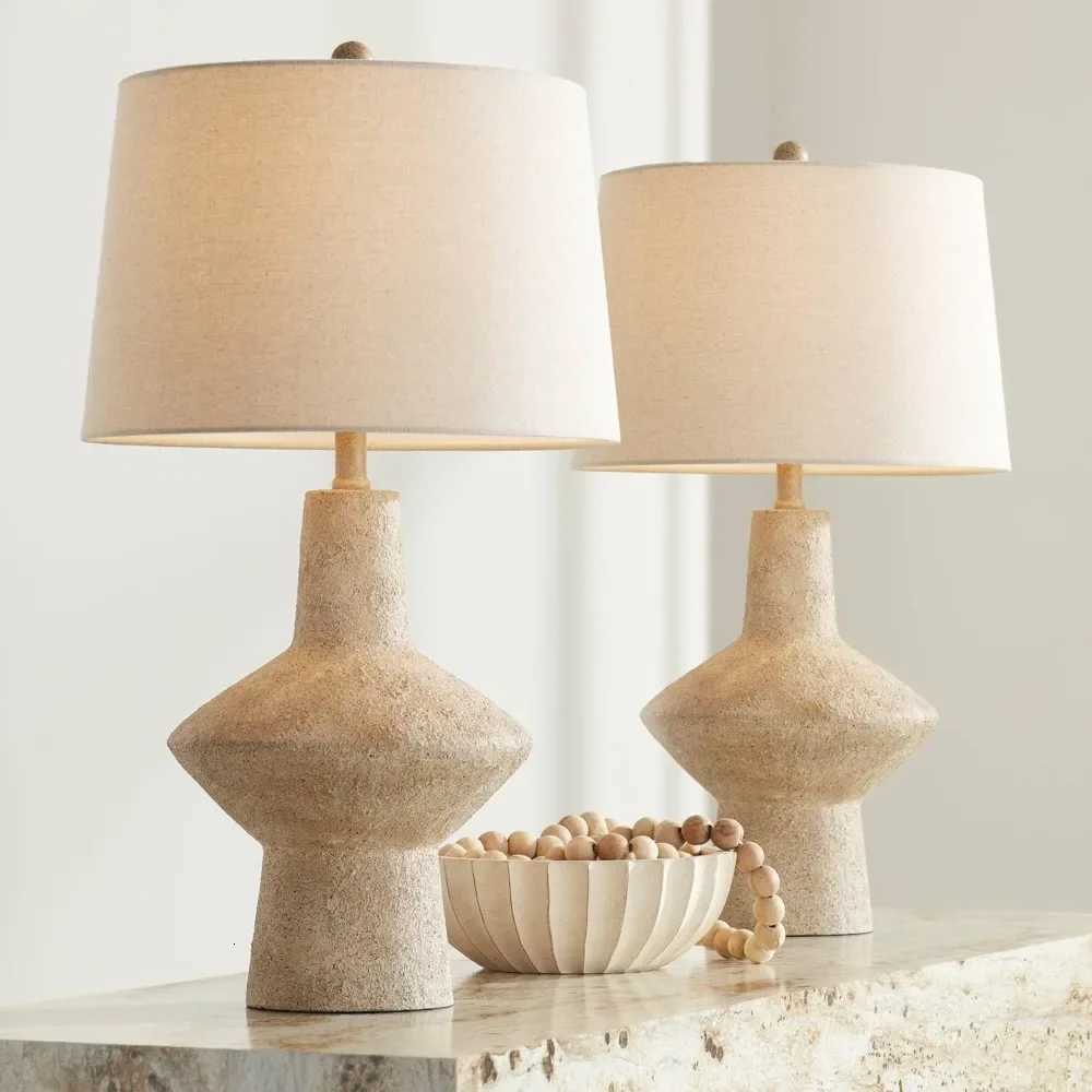 26 3/4 Tall Geometric Rustic Mid Century Modern Coastal Table Lamps Set of 2 Beige Living Room Bedroom Bedside M251120