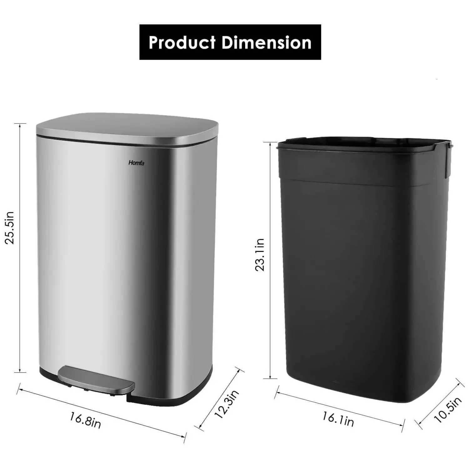 Step Kitchen Trash Can Stainless Steel 50 Liter Trashcan for Home Office Bedroom Garage Living Room Bathroom C251120