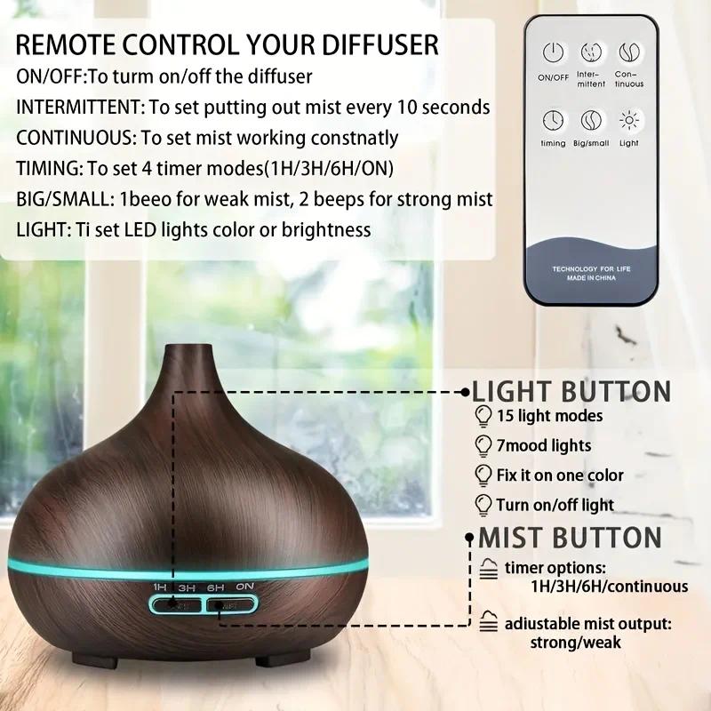 550ml Essential Oil Diffuser, Remote Control, Ultrasonic Humidifier, 7 Color LED Light with 6 Oil
