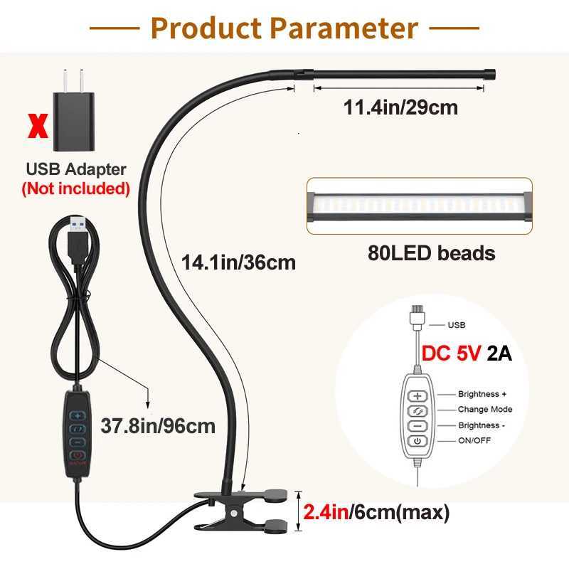 LED Desk Lamp With Clamp USB Power Dimmable Clip On 10 Brightness Level 3 Lighting Modes Flexible Study Table Reading Book Light M251120