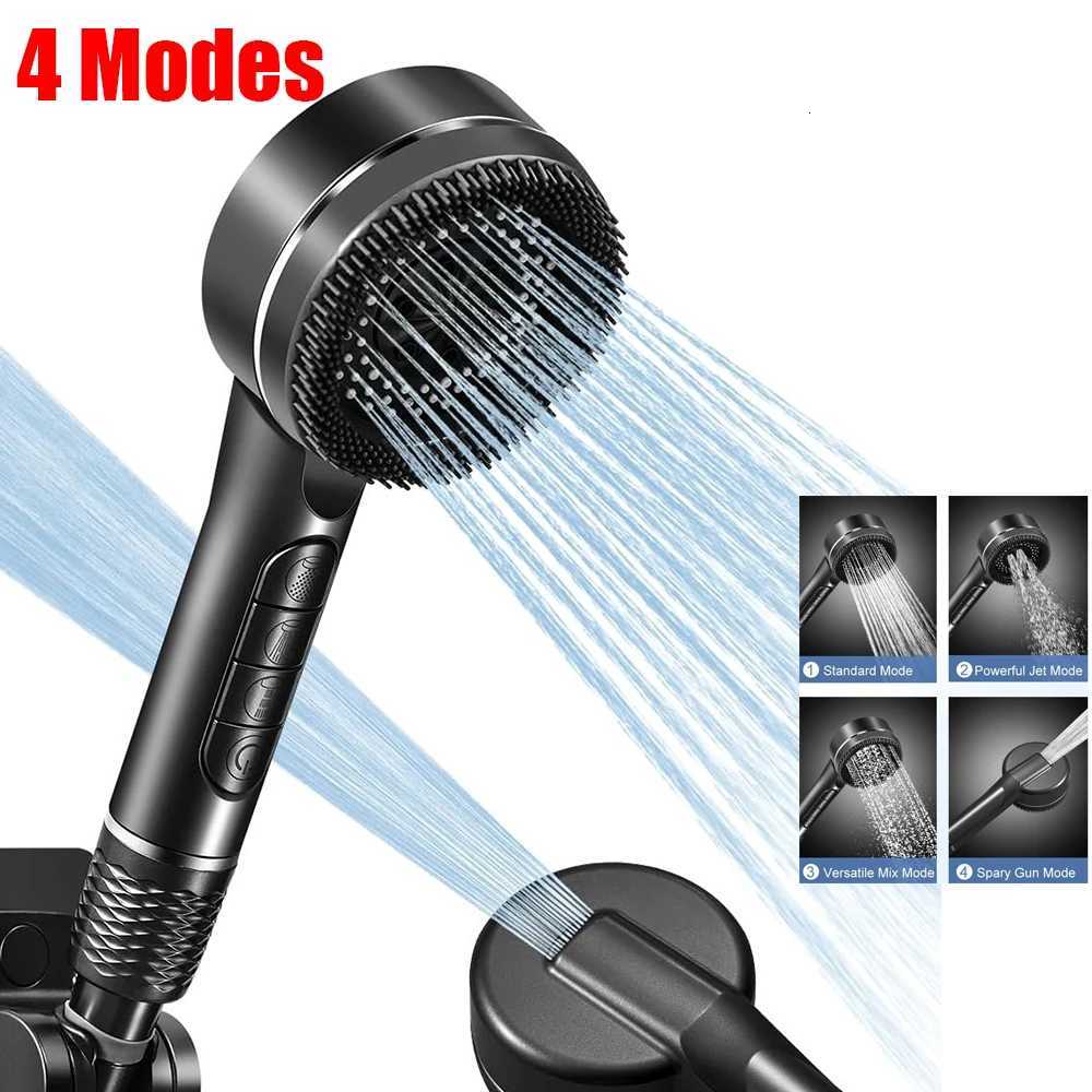 4 Modes Pressurized Shower Head Thickened ABS Handheld Filter Showerhead with Silicone Brush One-Key Stop Water Shower NozzleM251120