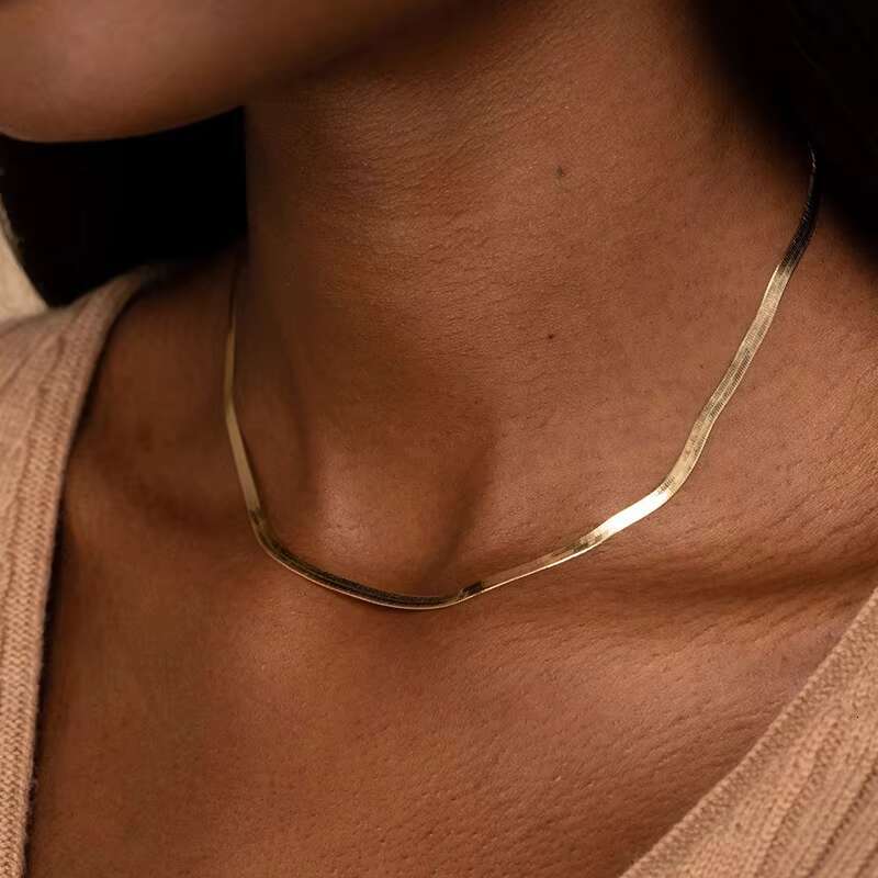 Pure sier necklace, women's collarbone, gold chain bone, collarbone buckle, simple flat snake necklace jewelry