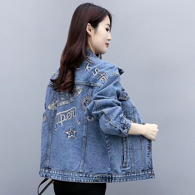 New denim jacket womens spring Hong Kong style loose and versatile embroidered letter long sleeved mid length jacket 201106