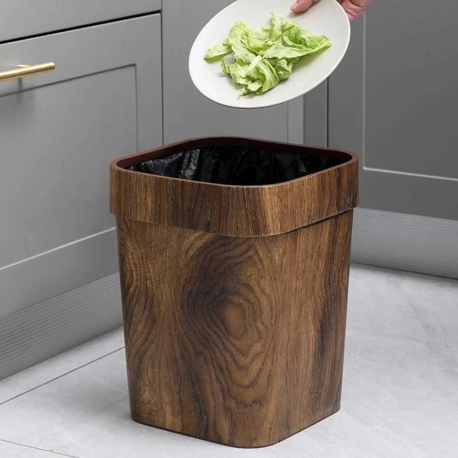 Imitation Wood Grain Trash Can Garbage Basket Anti Skid Decorative Large Waste Bin Garbage Container Bin for Dorm Bedroom C251120