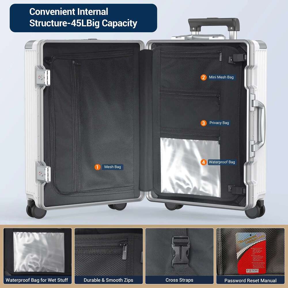 Aire Approved 22 inch Lage,Aluminum Framed Carry On Suitcase with Front Open Laptop Compartment/Pocket
