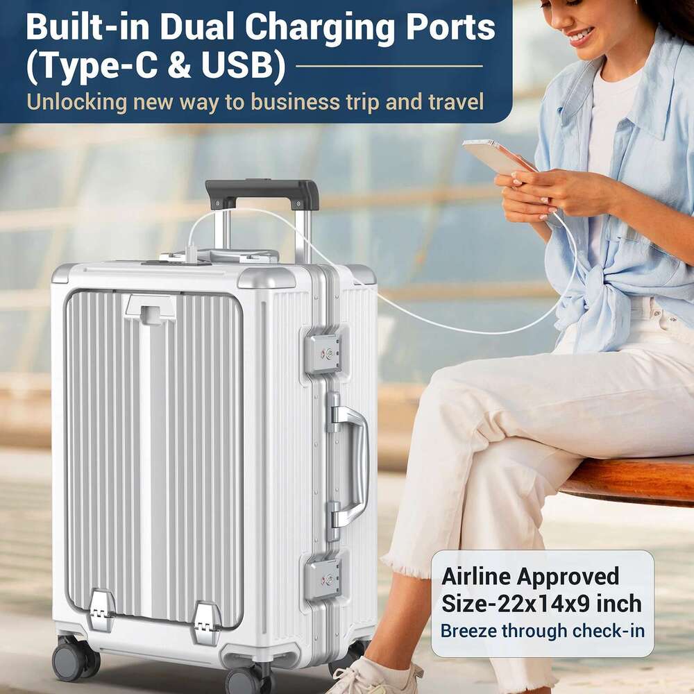 Aire Approved 22 inch Lage,Aluminum Framed Carry On Suitcase with Front Open Laptop Compartment/Pocket
